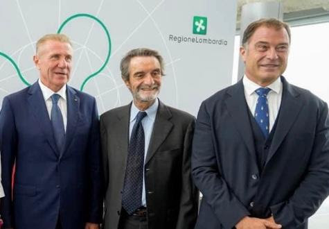 Sergej Bubka, il presidente Attilio Fontana e il sottosegretario Antonio Rossi