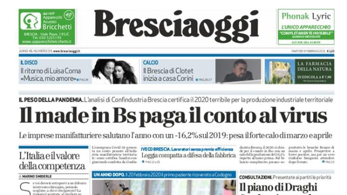 La+prima+pagina+di+Bresciaoggi+del+9+febbraio+2021