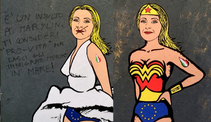 That Bitch Giorgia Meloni as Wonder Woman street art murales aleXsandro Palombo 1