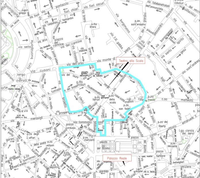Mappa divieti 2 febbraio Piazza della Scala e Palazzo Marino